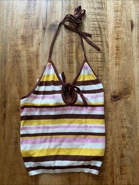 DELUC Vecchio Knit Top Striped Halter Knit Tank Top in Brown, Pink & Yellow NWT